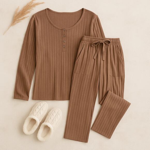 Muk Luks Lounge Set Rib Knit Henley Top Pants Cozy Minimalist Coffee Women L - Picture 2 of 13